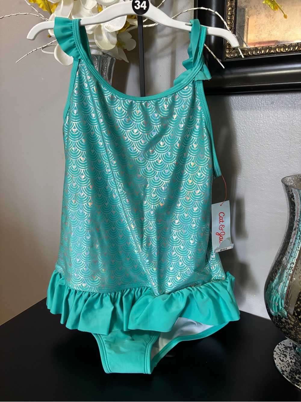 Cat & Jack Teal Ruffle-Trim One-Piece Swimsuit with Metallic Scallop Print